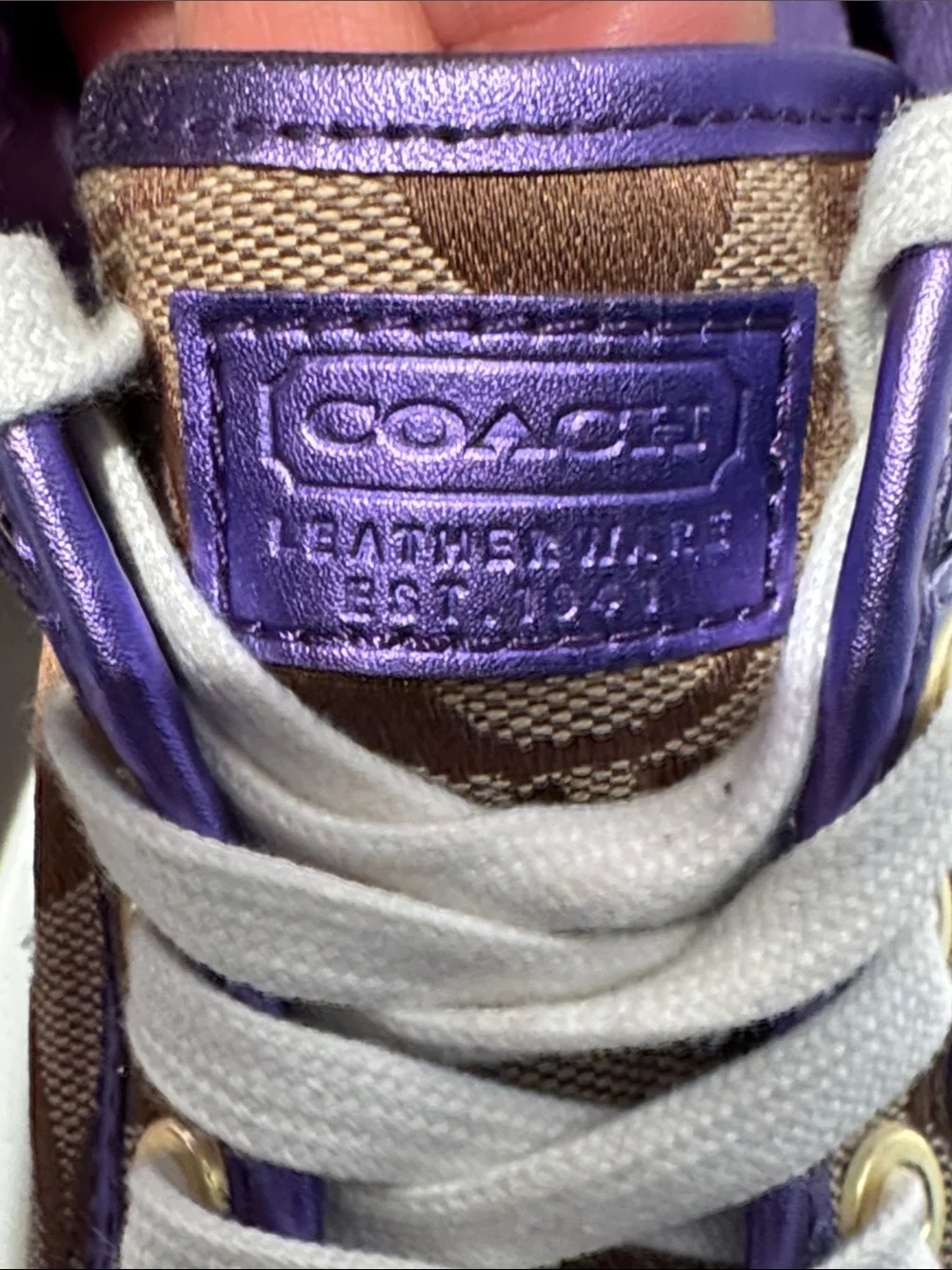 Coach Women's Signature Canvas Sneakers with Purple Trim and White Soles